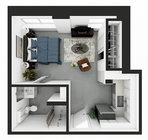Studio Design 3 Floorplan Rendering Market Lofts on Third Apartments Homes Birmingham Alabama